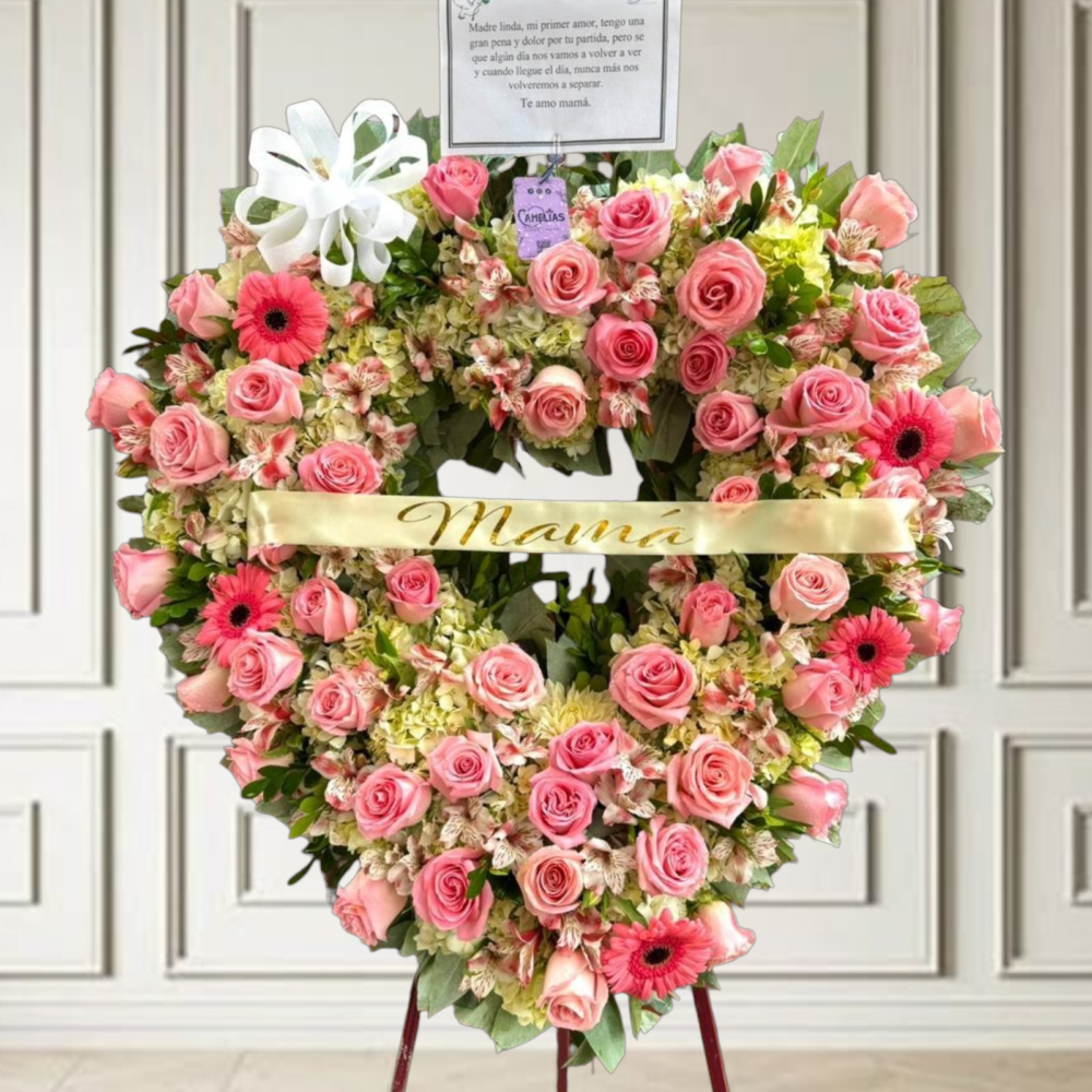 Corona Funebre corazón de rosas rosadas “Amor eterno”