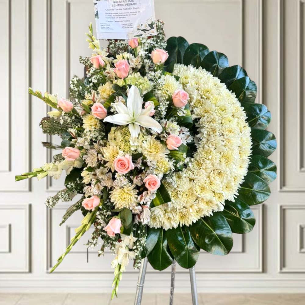 Corona funebre de rosas rosadas  "Huella infinita"
