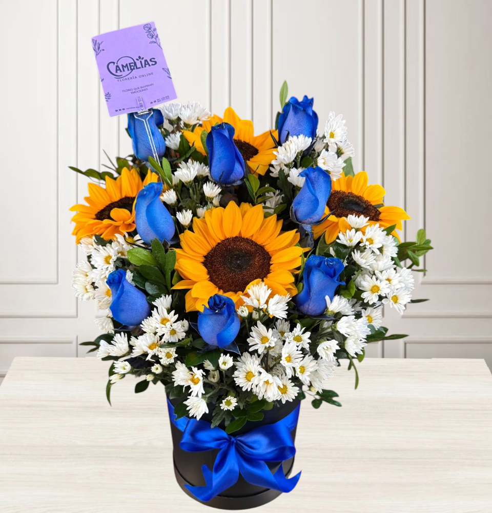Box de rosas azules y girasoles “Amor infinito”