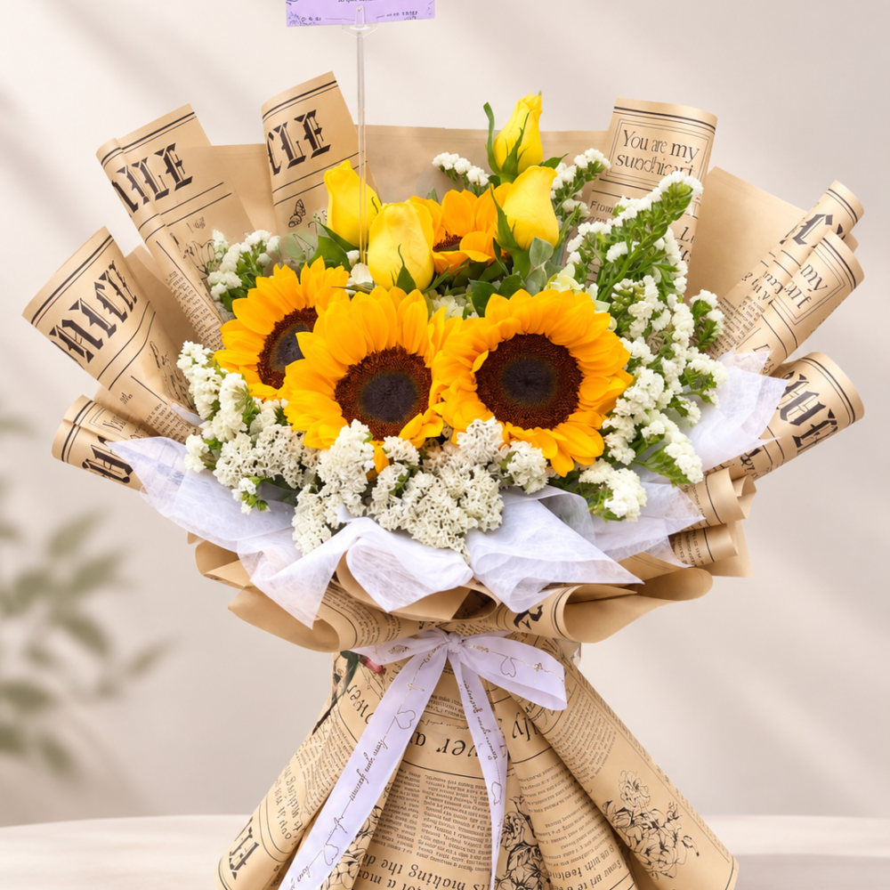 Flores amarillas con rosas y girasoles "Luz de la mañana"