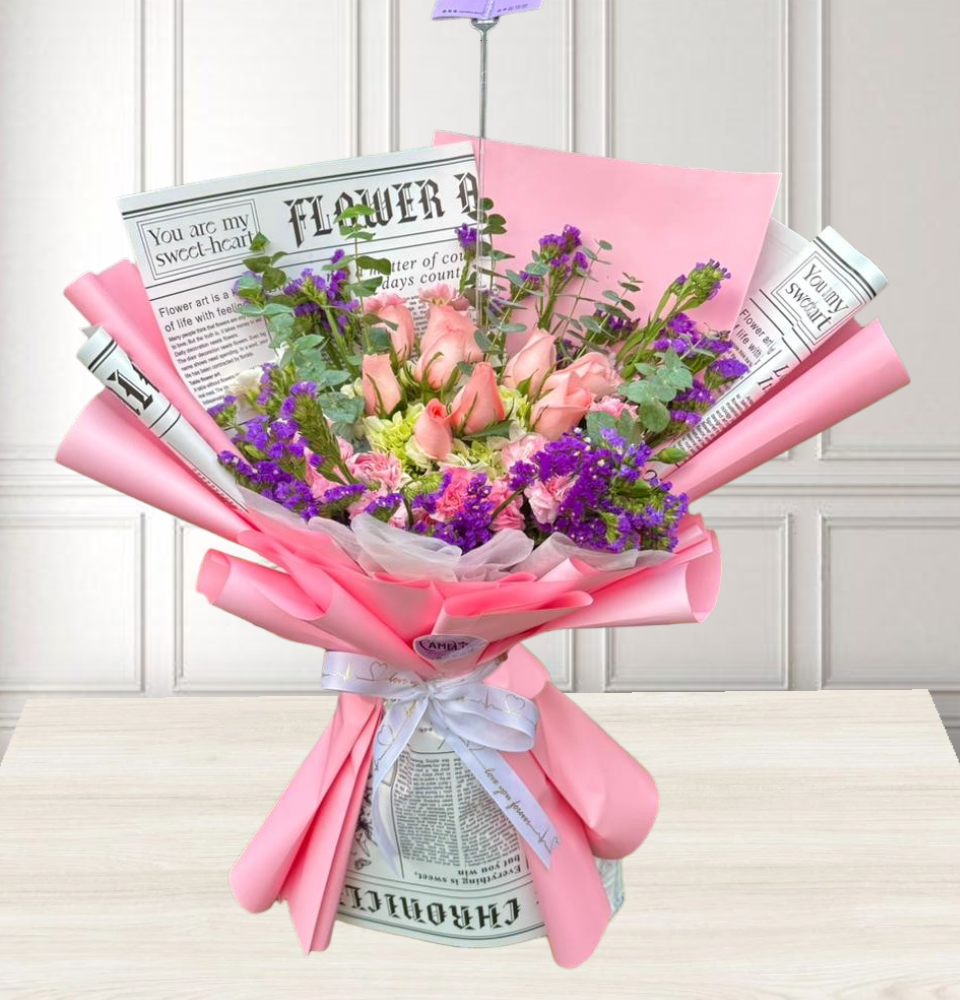 Ramo de rosas rosadas y variedad de flores “Mujer Divina”